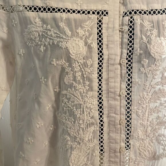 Small Loft white button down long sleeve 100% cotton floral embroidered blouse - Picture 5 of 16